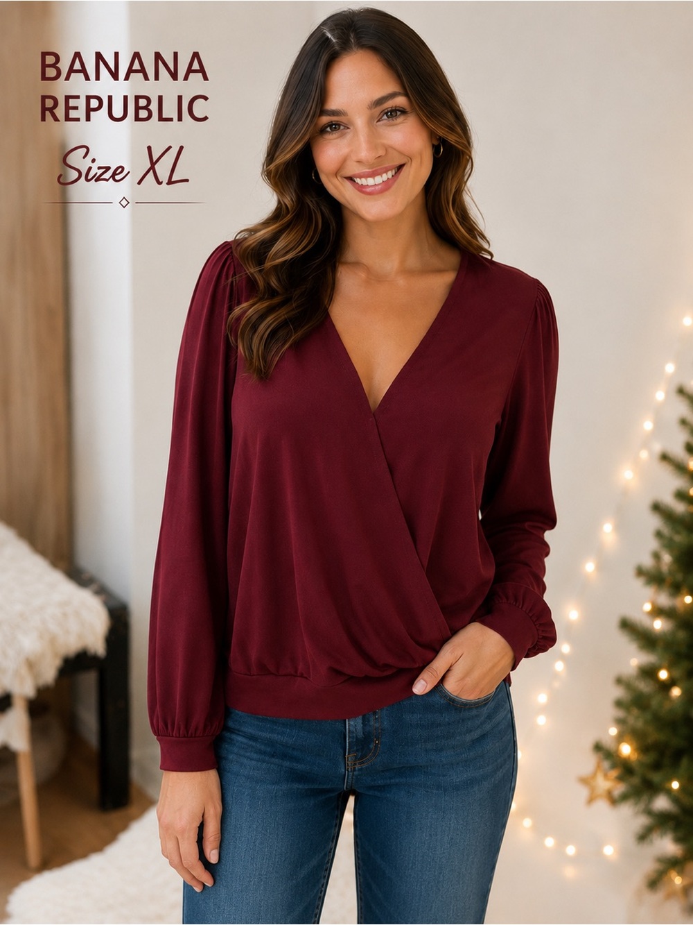 Banana Republic XL Burgundy Surplice Wrap Blouse Long Sleeve NWT - Picture 2 of 15